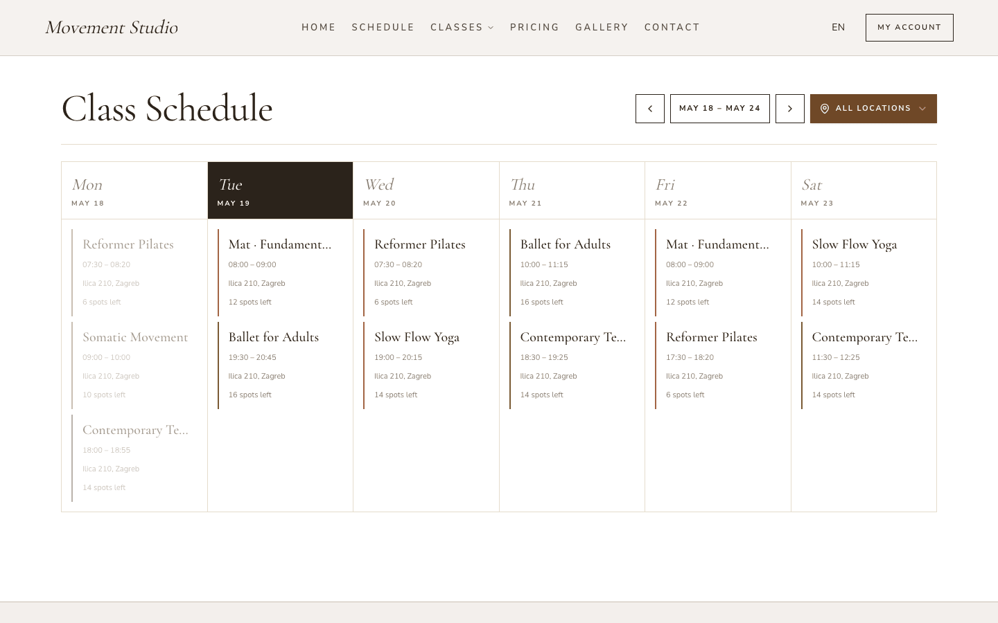 Movement Studio schedule template in Studio OS showing a weekly class calendar