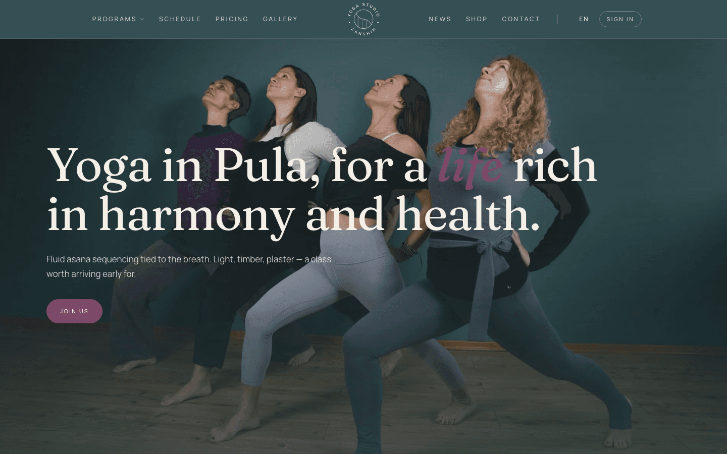 Yoga Zanshin Pula homepage template powered by Studio OS