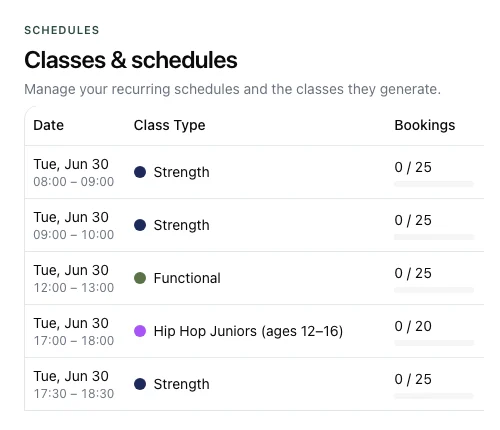 Doris Studio's Classes and schedules page: each class with its time, type and bookings