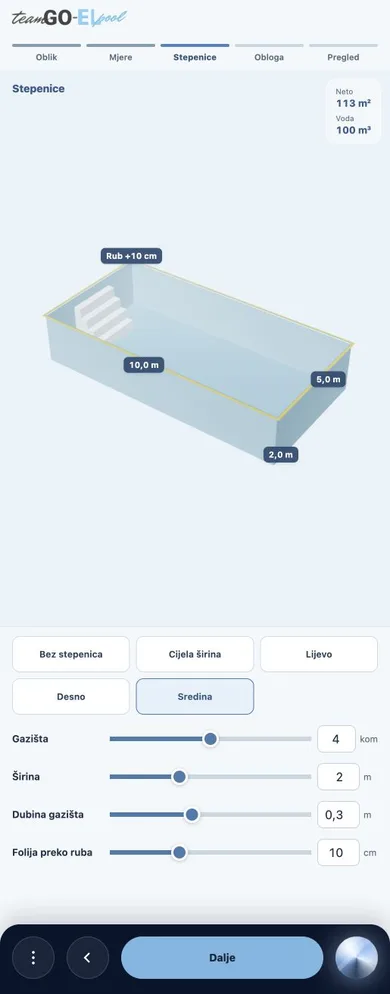 Goel pool planner, stairs step: a 10 by 5 metre pool with stairs in the middle (Croatian interface)