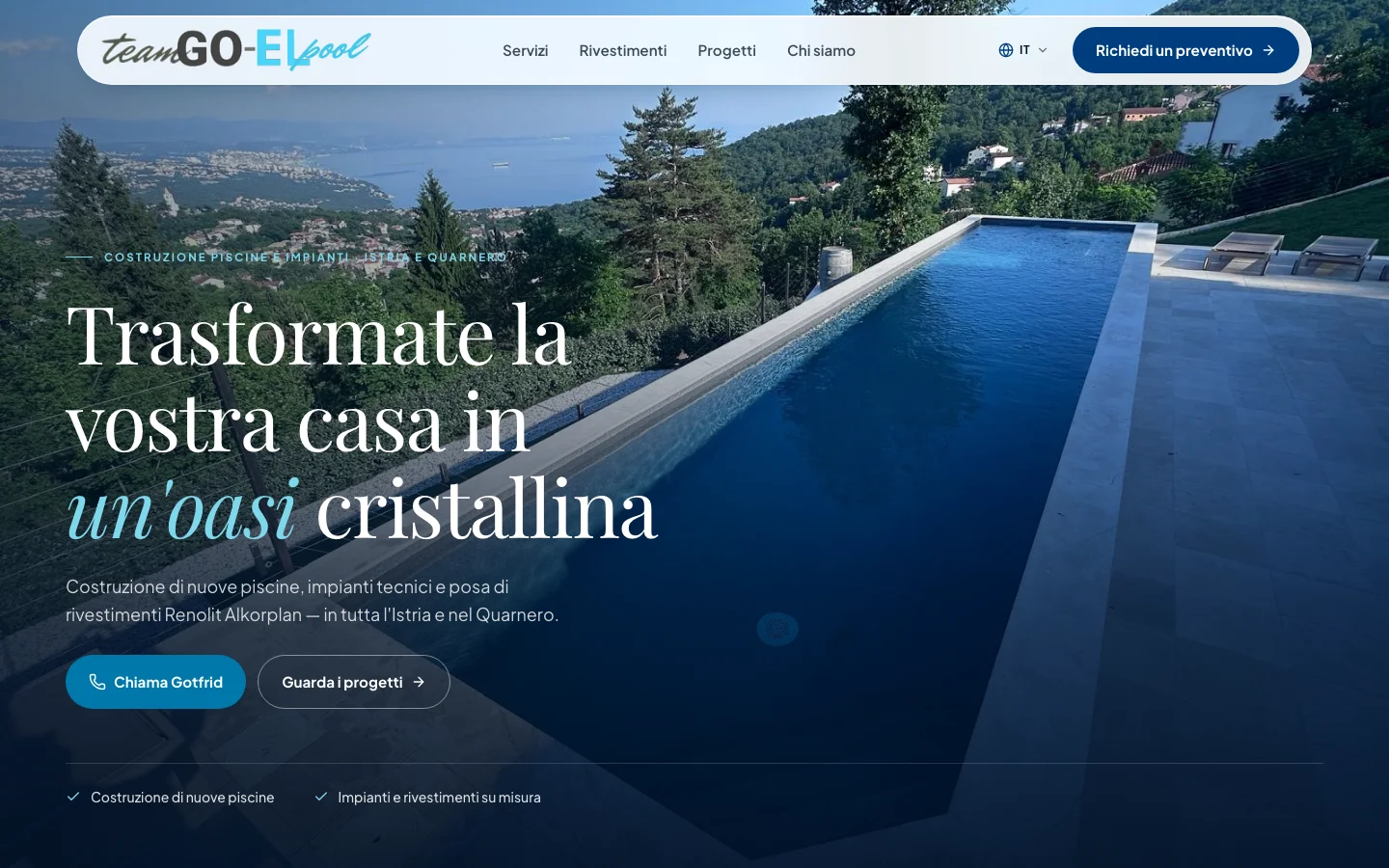 Il sito di Goel Pools: una piscina a sfioro sopra il mare, titolo su un'oasi azzurro cristallo