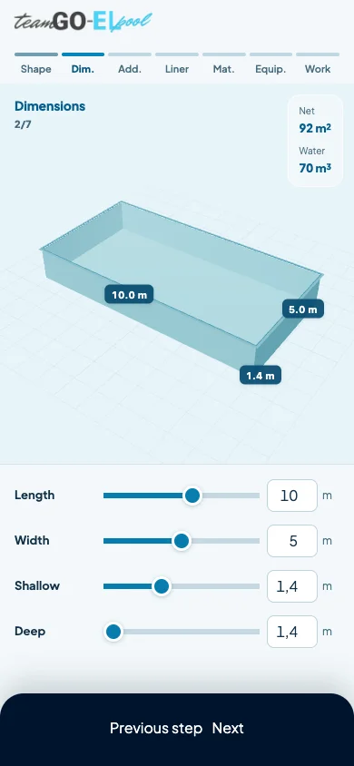 Goel-Planer, Schritt Maße: ein Pool von 10 mal 5 Metern, 1,4 Meter tief (auf Englisch)