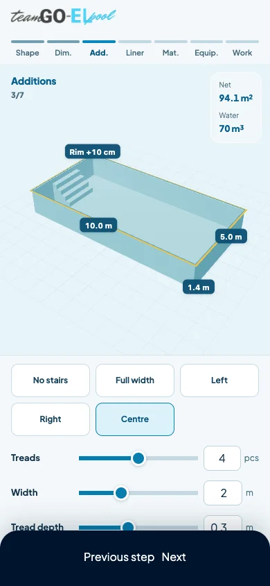 Goel-Planer, Schritt Treppe: Treppe in der Mitte eines Pools von 10 mal 5 Metern (auf Englisch)