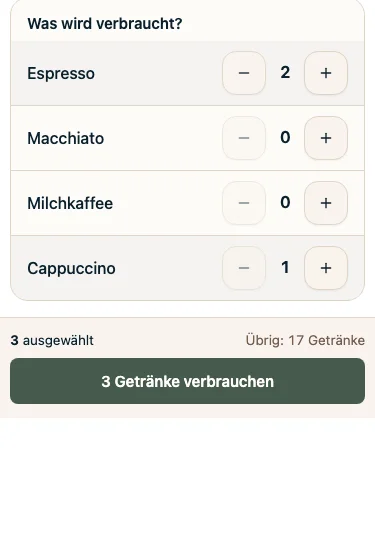 Personal-Bildschirm auf einem Handy: was abgebucht wird, Espresso 2 und Cappuccino 1, dann der Button, der 3 Getränke bestätigt, 17 übrig (Test-Café)