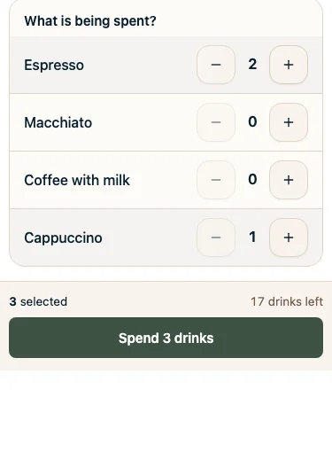 Zaslon za osebje na telefonu: kaj se porablja, Espresso 2 in Cappuccino 1, nato gumb, ki potrdi 3 pijače, ostane 17 (testna kavarna) (v angleščini)