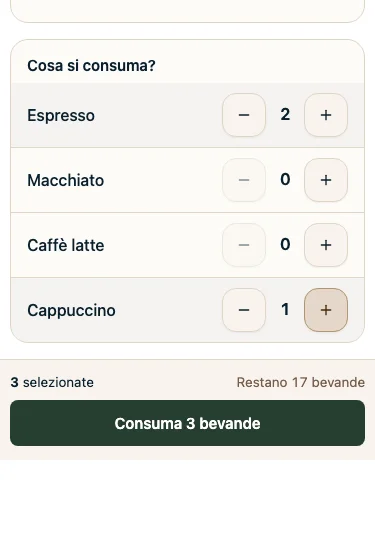 Schermo dello staff su un telefono: cosa si sta consumando, Espresso 2 e Cappuccino 1, poi il pulsante che conferma 3 drink, 17 rimasti (bar di prova)