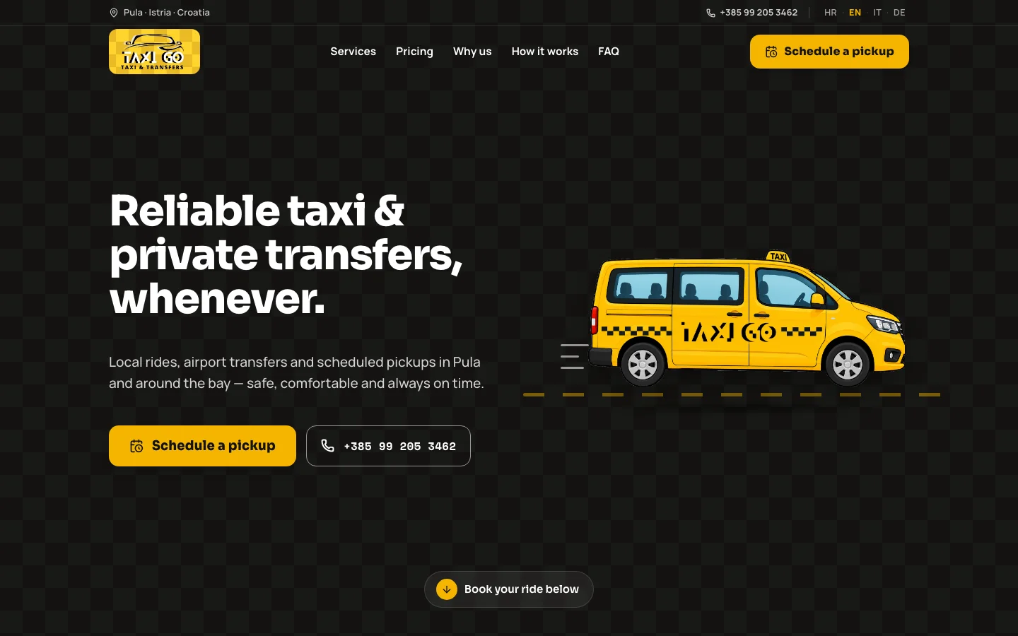 เว็บไซต์ TaxiGo: รถตู้แท็กซี่สีเหลืองบนพื้นหลังสีเข้ม พร้อมปุ่มจองรถและปุ่มโทร (ภาษาอังกฤษ)