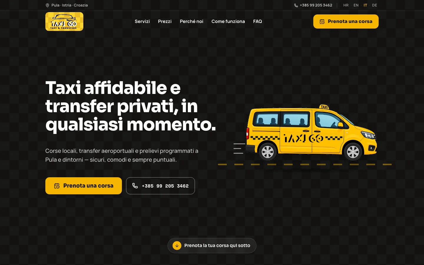 Il sito di TaxiGo: un furgone taxi giallo su sfondo scuro, con i pulsanti per prenotare una corsa e chiamare