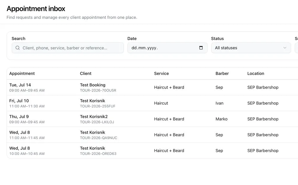 The shop's appointment inbox: search and filters, then test appointments listed with date and time, client, service, barber and location