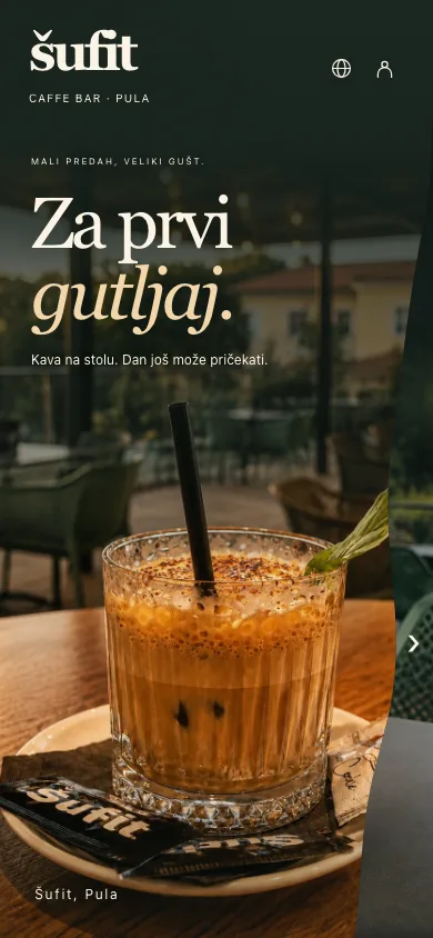 Šufit site on a phone, morning scene: coffee on the table (Croatian)